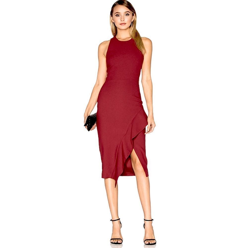 ☀️❄️cinq a sept Piper Ruffle Midi Asymmetrical Dress in Pomegranate Sz 4